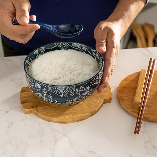 Urban Tokyo - Wave Nami Bowl w/ Chopsticks, Spoon, Lid and Trivet Set