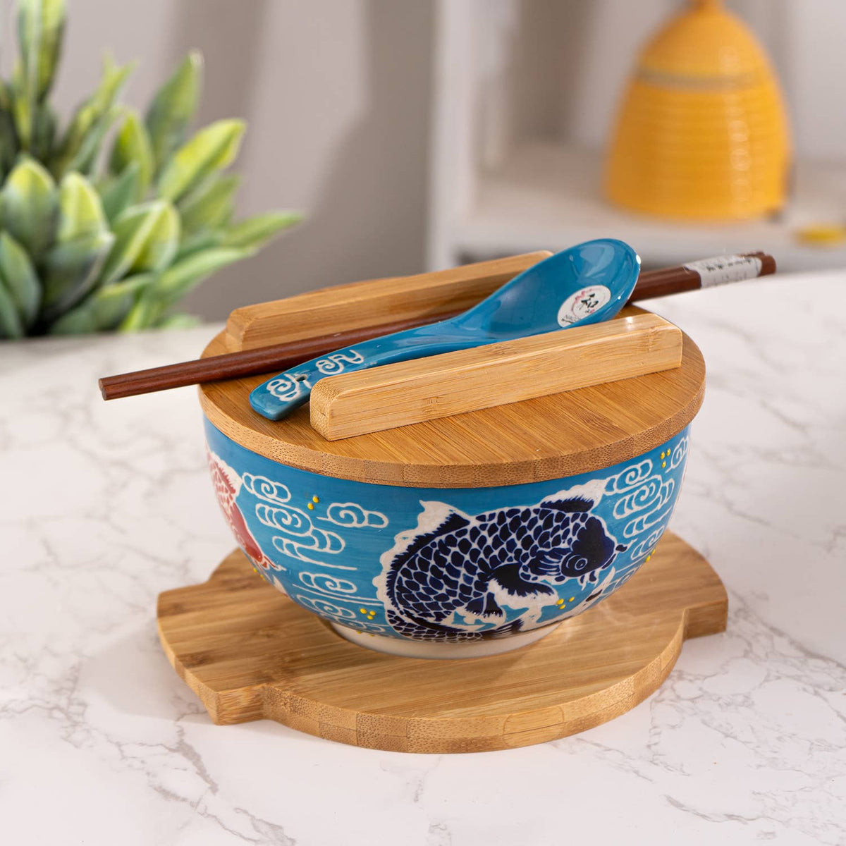 Urban Tokyo - Japan Koi Fish Bowl w/ Chopsticks, Spoon, Lid and Trivet Set