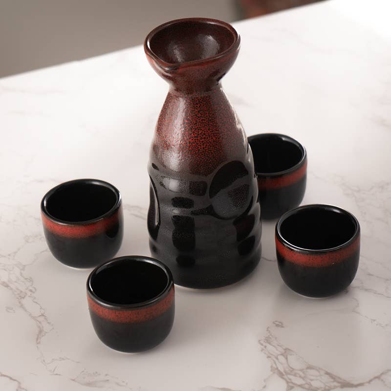 Urban Tokyo - Red and Black Glazed 10oz Sake Bottle and 4 Cups Gift Set