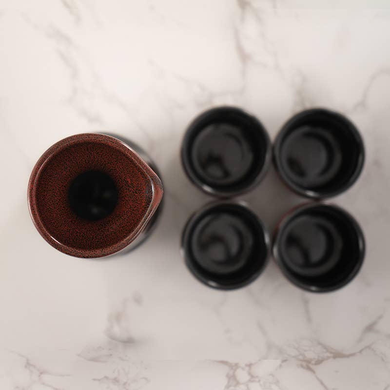 Urban Tokyo - Red and Black Glazed 10oz Sake Bottle and 4 Cups Gift Set