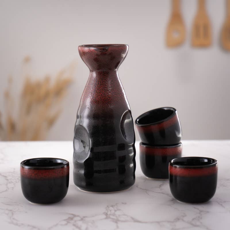Urban Tokyo - Red and Black Glazed 10oz Sake Bottle and 4 Cups Gift Set