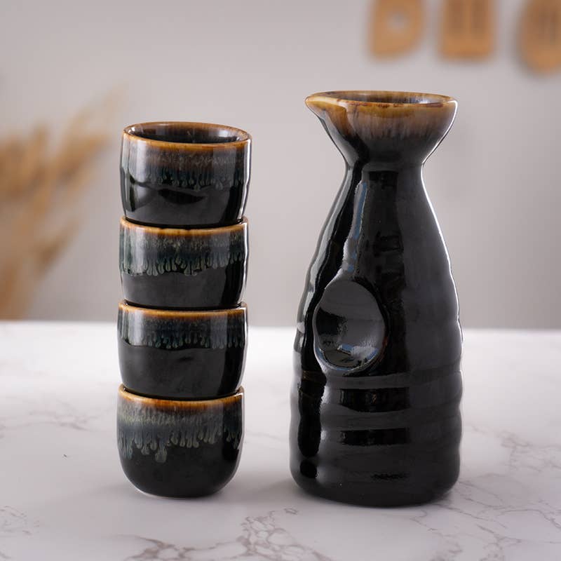 Urban Tokyo - Brown and Black Glazed 10oz Sake Bottle and 4 Cups Gift Set
