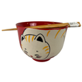 Urban Tokyo - 18oz 5"D Donburi Bowl With Chopsticks Set Chubby Cat Design Red
