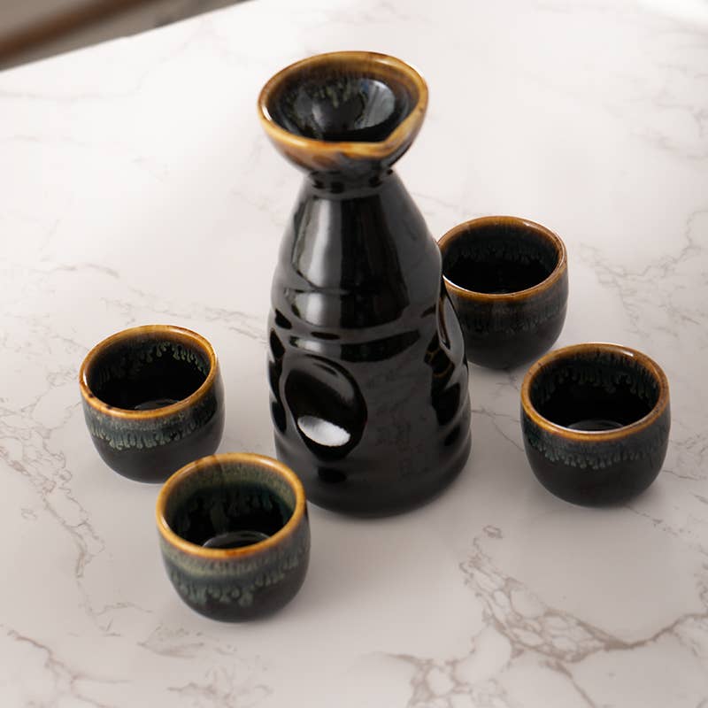 Urban Tokyo - Brown and Black Glazed 10oz Sake Bottle and 4 Cups Gift Set