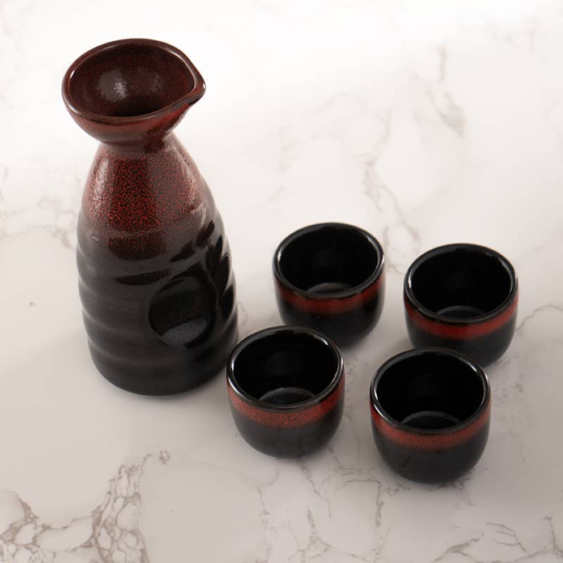 Urban Tokyo - Red and Black Glazed 10oz Sake Bottle and 4 Cups Gift Set