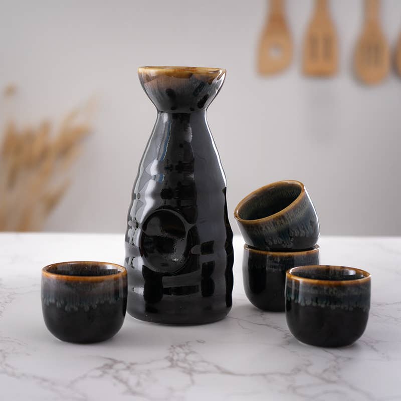 Urban Tokyo - Brown and Black Glazed 10oz Sake Bottle and 4 Cups Gift Set