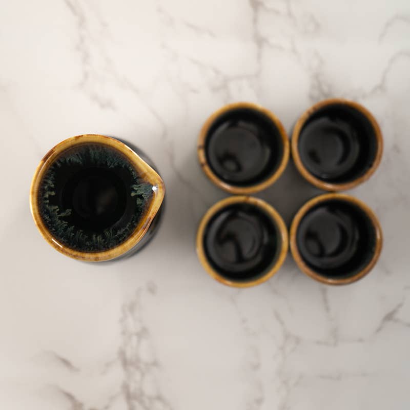 Urban Tokyo - Brown and Black Glazed 10oz Sake Bottle and 4 Cups Gift Set