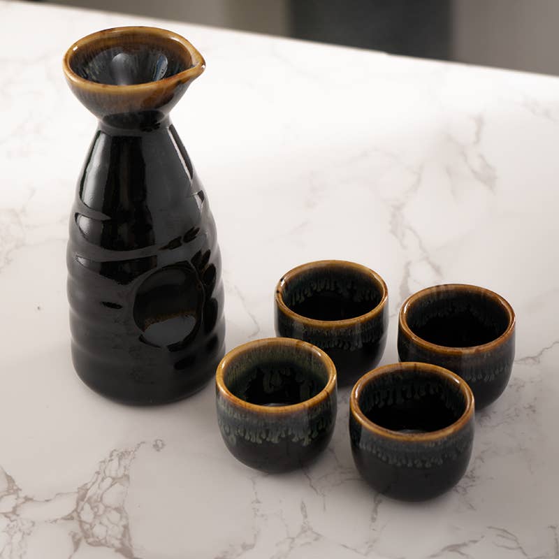 Urban Tokyo - Brown and Black Glazed 10oz Sake Bottle and 4 Cups Gift Set