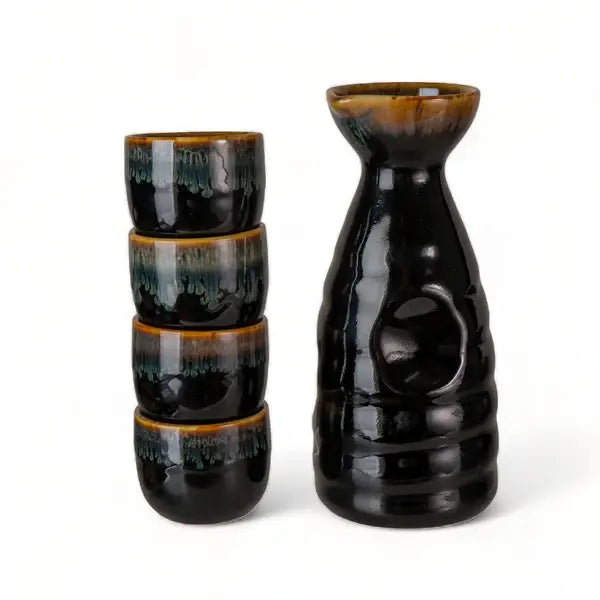 Urban Tokyo - Brown and Black Glazed 10oz Sake Bottle and 4 Cups Gift Set