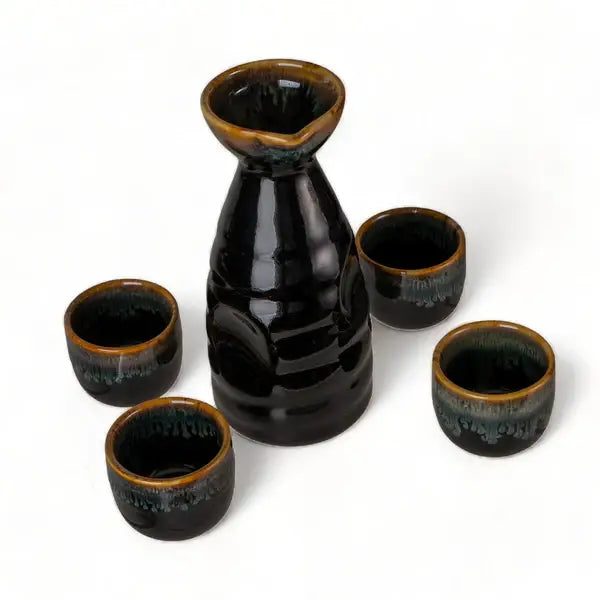 Urban Tokyo - Brown and Black Glazed 10oz Sake Bottle and 4 Cups Gift Set