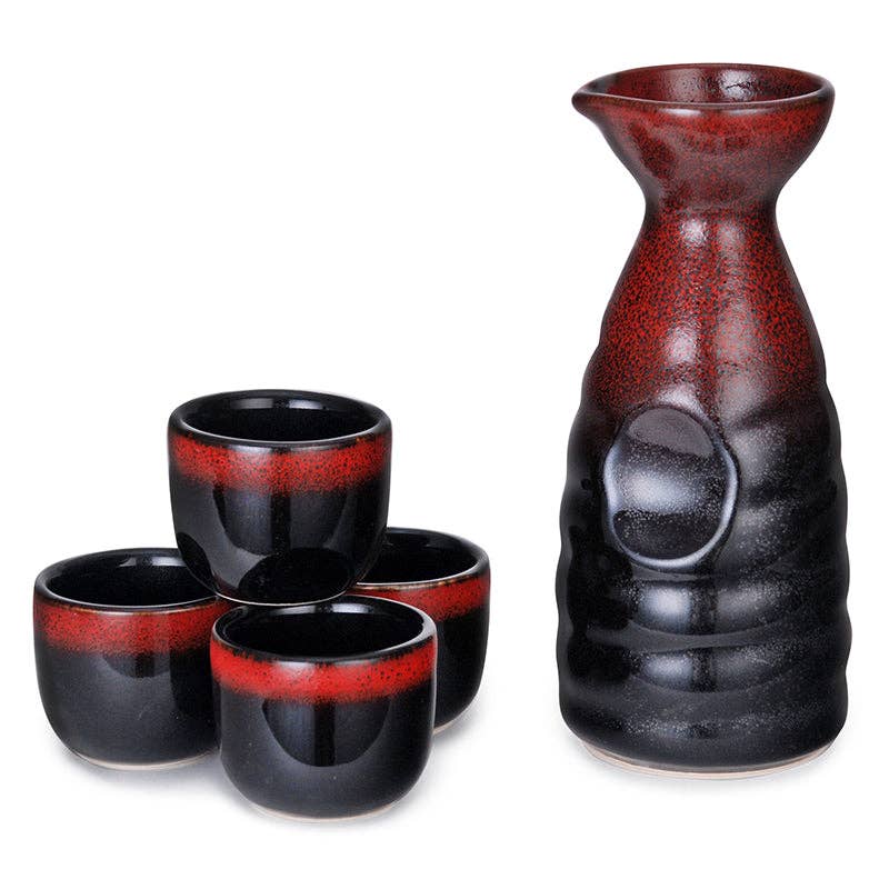 Urban Tokyo - Red and Black Glazed 10oz Sake Bottle and 4 Cups Gift Set