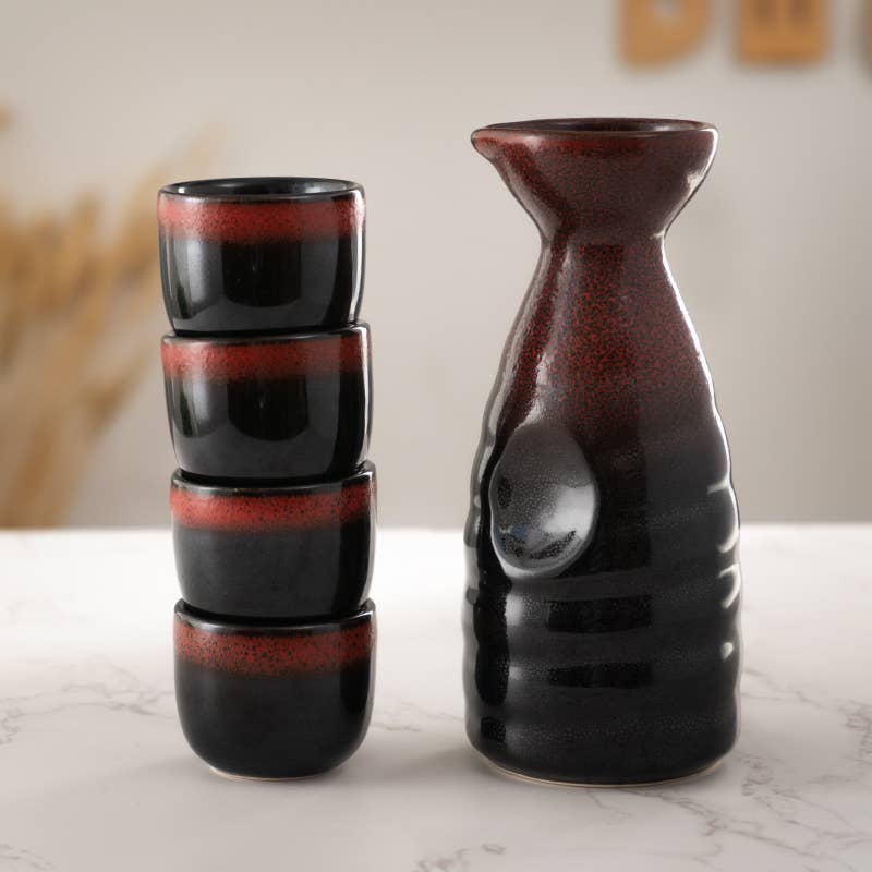 Urban Tokyo - Red and Black Glazed 10oz Sake Bottle and 4 Cups Gift Set